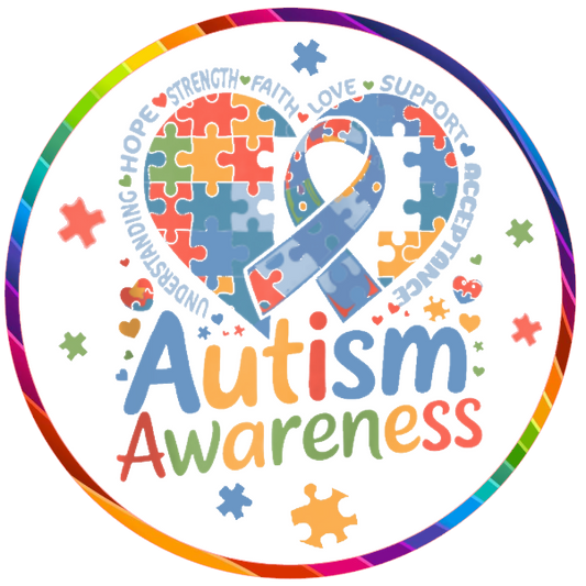 Round metal wreath sign Autism awareness design with colorful puzzle pieces on a white background
