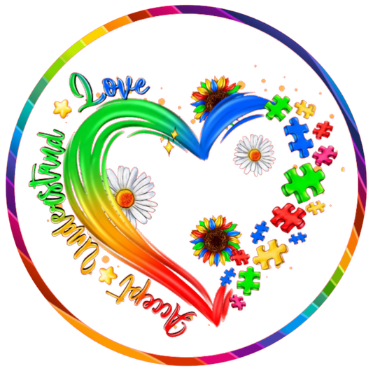 Round metal wreath sign rainbow heart design and puzzle pieces autism awareness