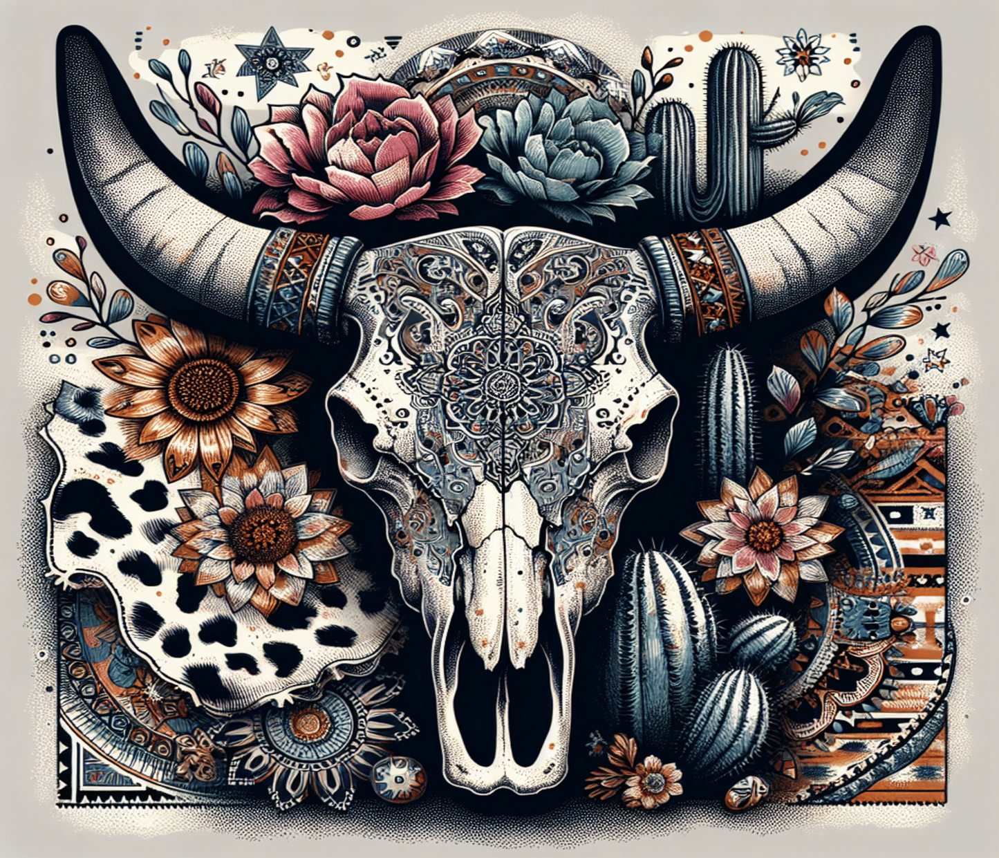 Decorative bull skull with floral and cactus elements on a light gray background