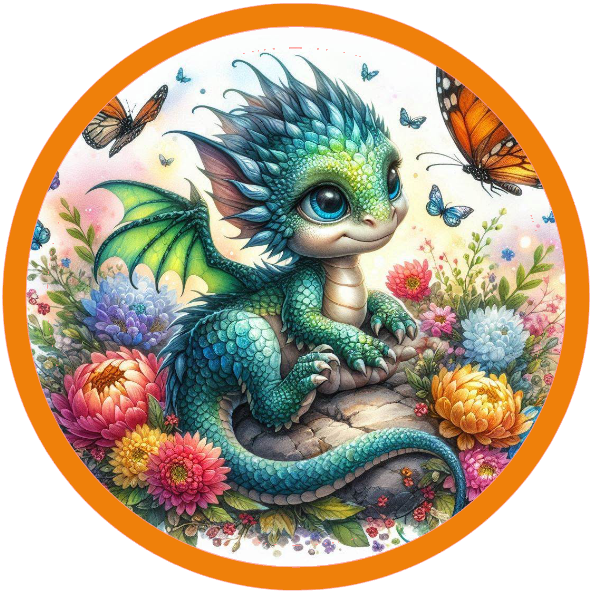 Colorful baby dragon with flowers and butterflies