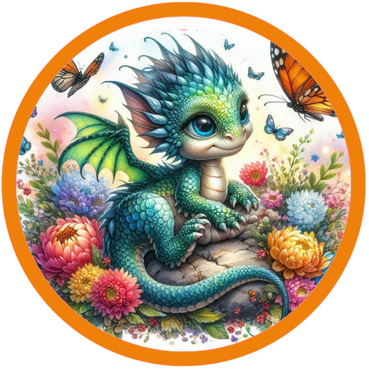 Colorful baby dragon with flowers and butterflies