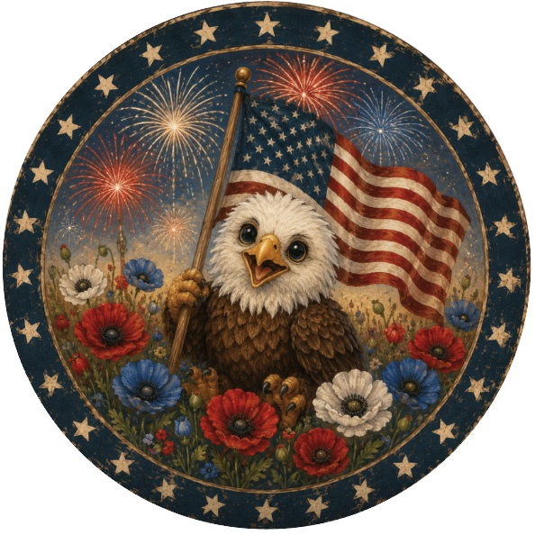 Round metal wreath sign with patriotic elements, a baby eagle carrying an American flag with fireworks