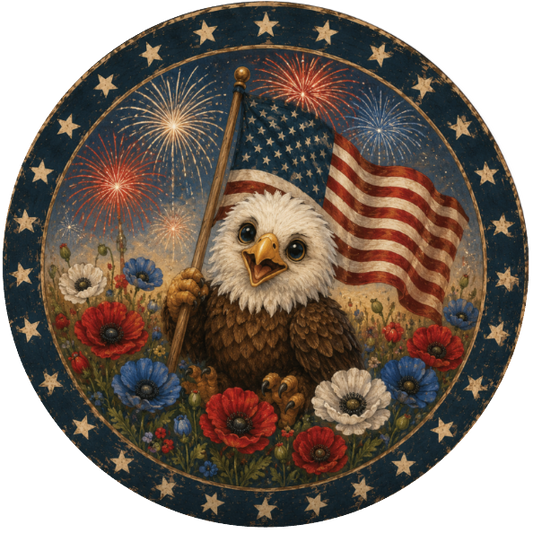 Round metal wreath sign with patriotic elements, a baby eagle carrying an American flag with fireworks