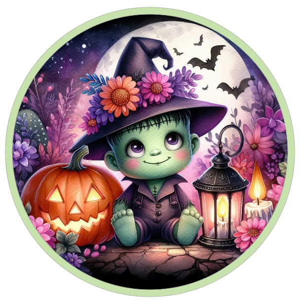 Halloween frankenstein with a witch hat, pumpkin, and lantern