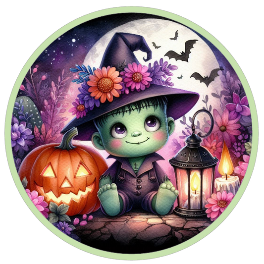 Halloween frankenstein with a witch hat, pumpkin, and lantern