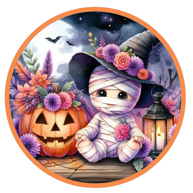 Halloween mummy, pumpkin, and witch hat 