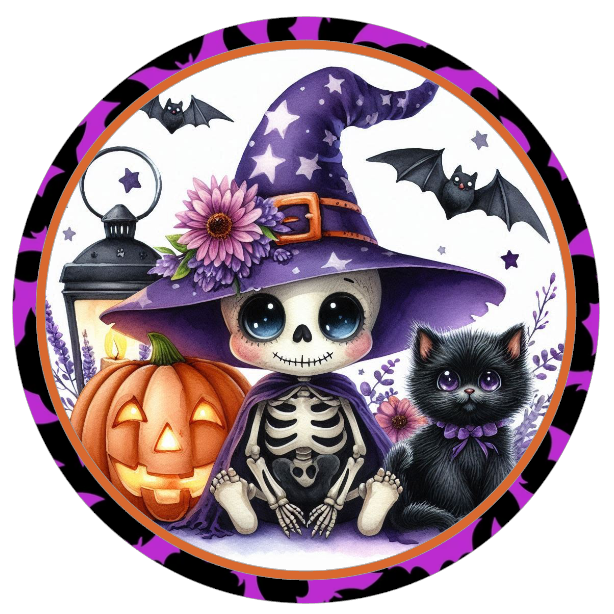 Halloween themed baby skeleton in a witch hat, black cat, and pumpkin 