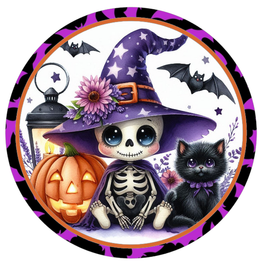 Halloween themed baby skeleton in a witch hat, black cat, and pumpkin 