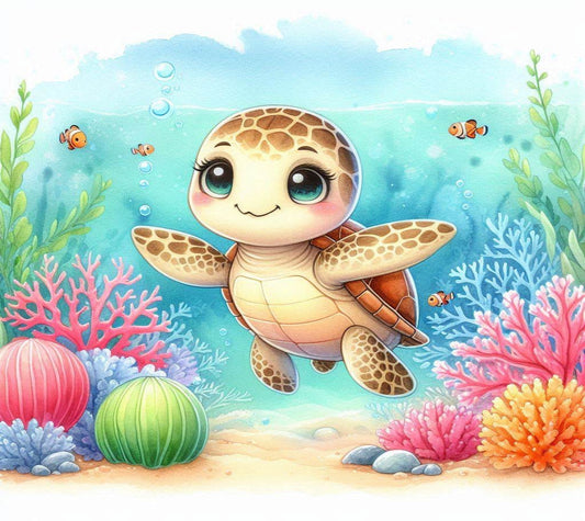 Cartoon turtle surrounded by colorful coral and fish in an underwater scene