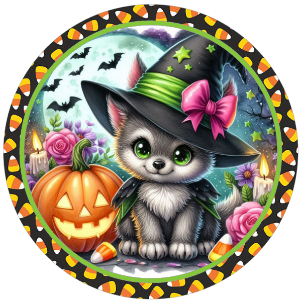 Halloween baby werewolf in a witch hat, pumpkins, and flowers 
