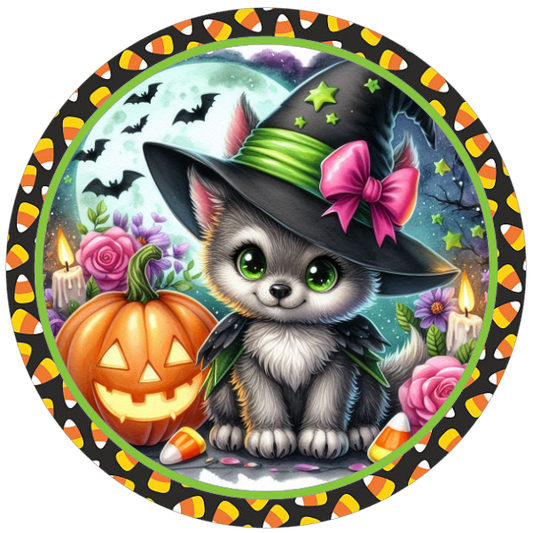 Halloween baby werewolf in a witch hat, pumpkins, and flowers 