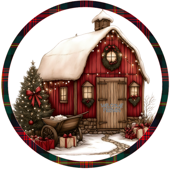 Red barn with Christmas tree and snow on a white background