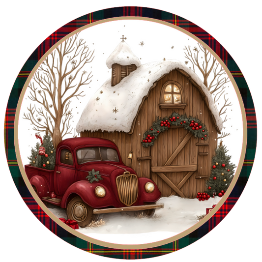 Decorative image of a red truck in front of a snow-covered cabin with Christmas trees.