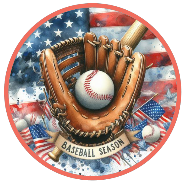 Baseball glove with ball inside a circular design featuring American flags and stars 