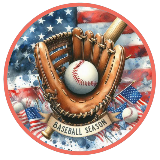 Baseball glove with ball inside a circular design featuring American flags and stars 