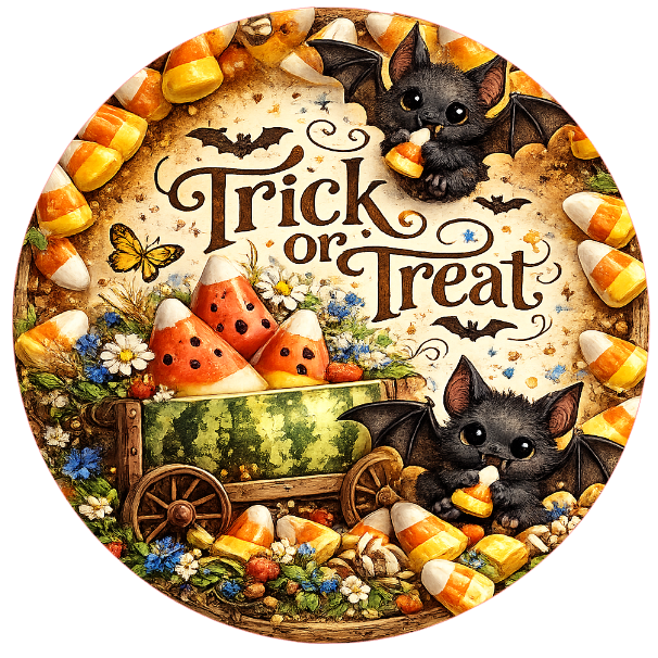 Metal wreath sign with Halloween themed elements, pumpkins, bats, and 'Trick or Treat' text with flowers and butterflies.