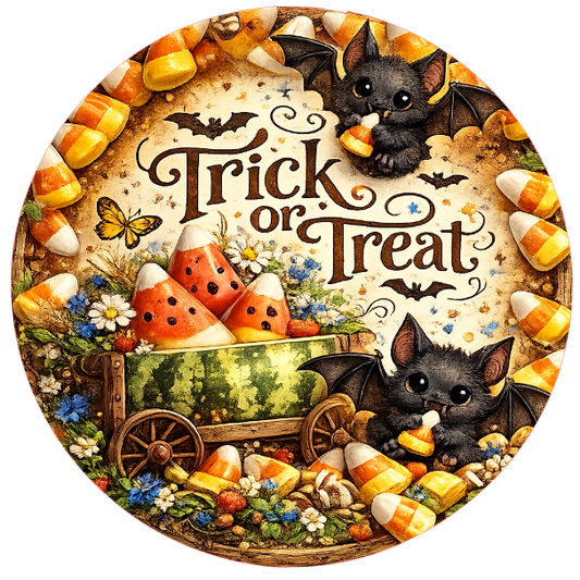 Metal wreath sign with Halloween themed elements, pumpkins, bats, and 'Trick or Treat' text with flowers and butterflies.
