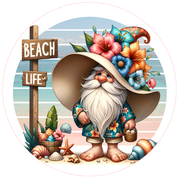 Gnome with a beach hat and 'Beach Life' sign 