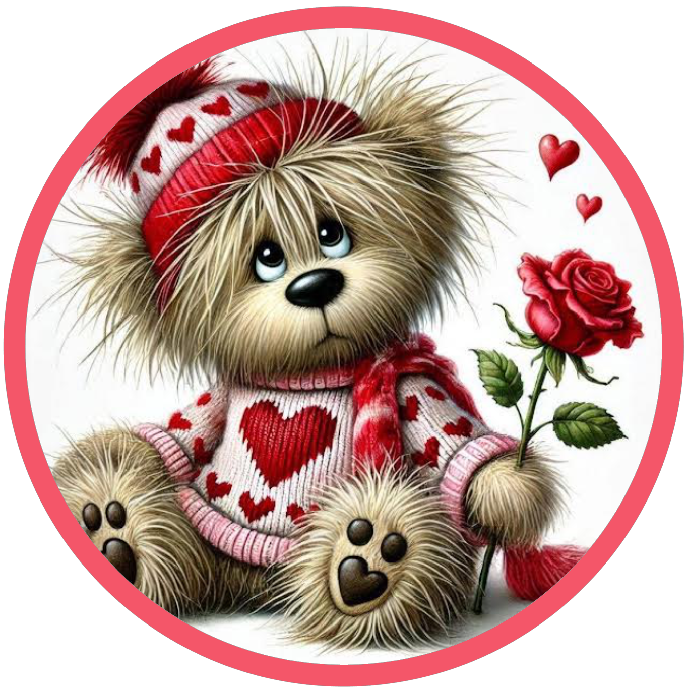 Round metal wreath sign with Cute teddy bear with heart-themed clothing holding a rose 