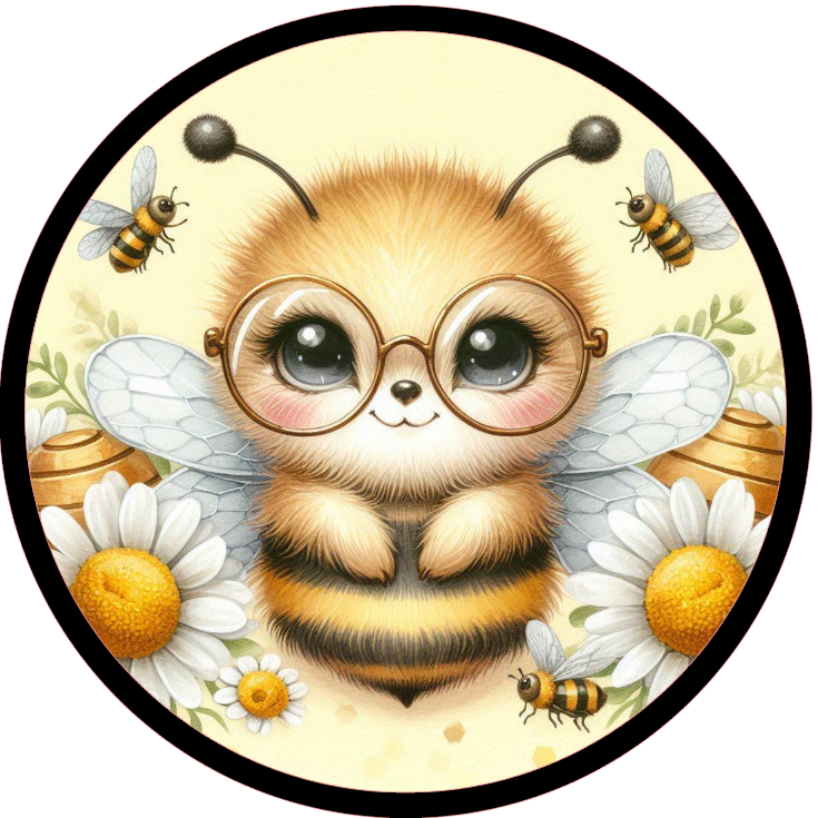 Bee wearing glasses surrounded by flowers and other bees