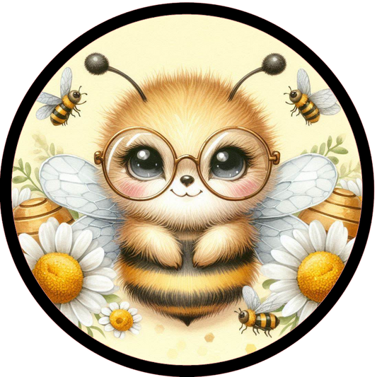 Bee wearing glasses surrounded by flowers and other bees
