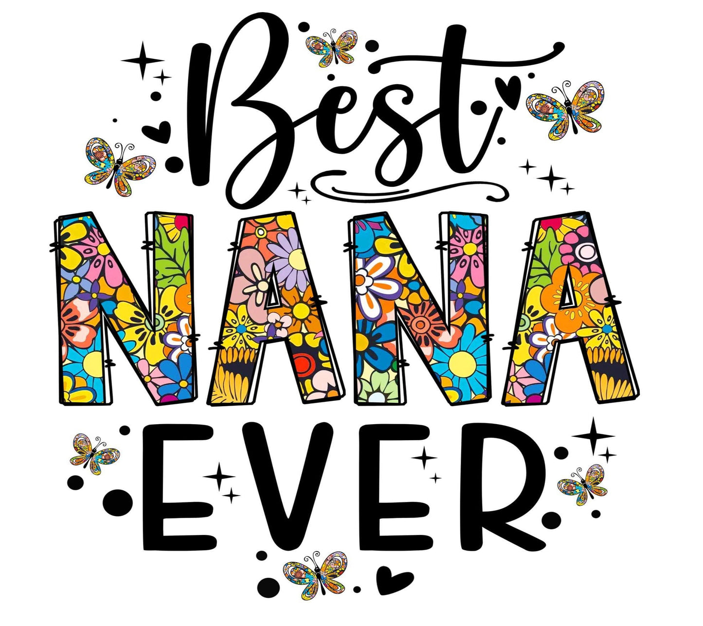 Colorful text 'Best Nana Ever' with decorative elements on a white background