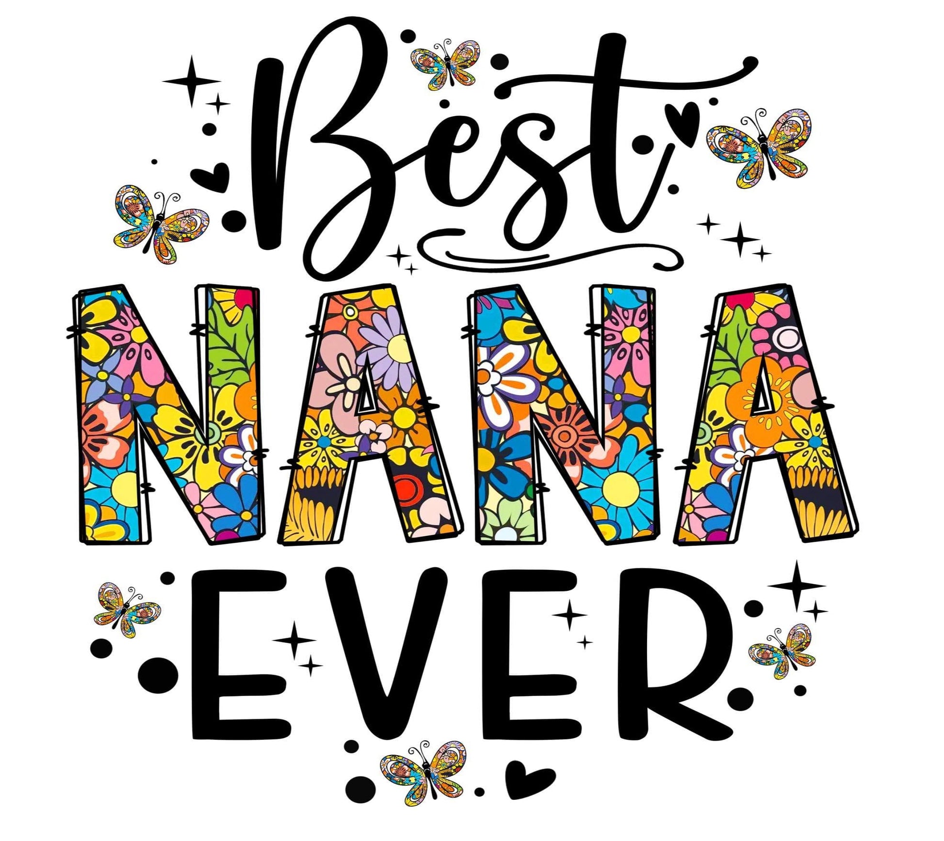 Colorful text 'Best Nana Ever' with decorative elements on a white background