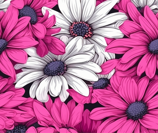 Pattern of pink and white flowers with purple centers on a black background