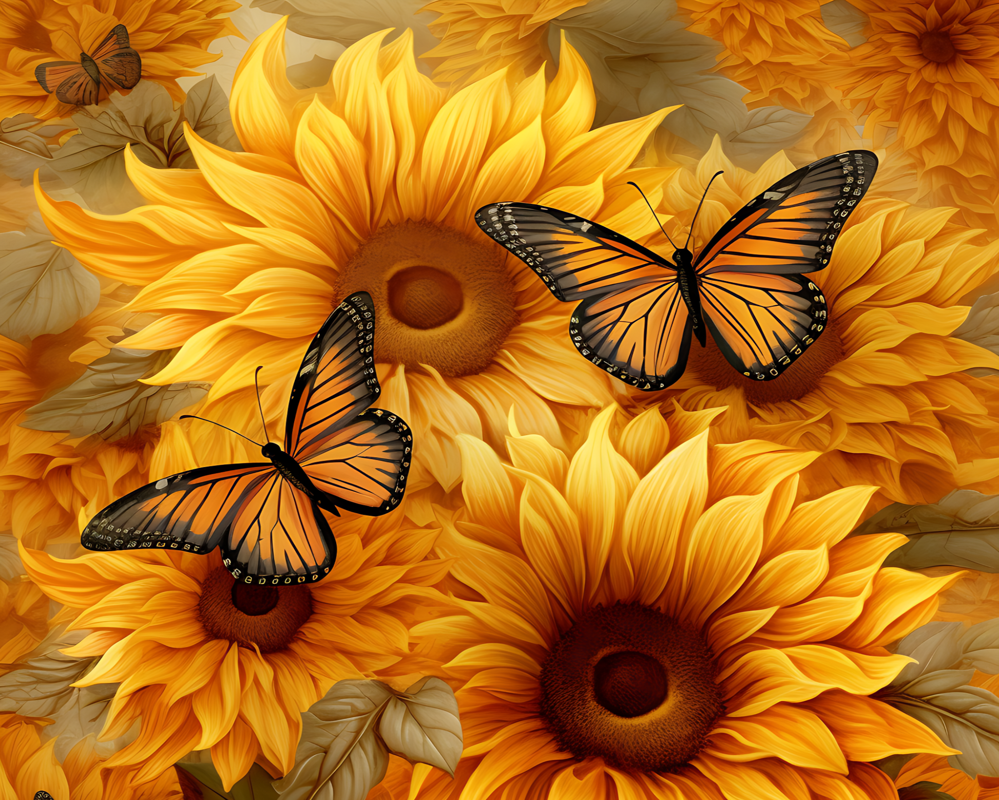 Sunflowers with butterflies on a floral background