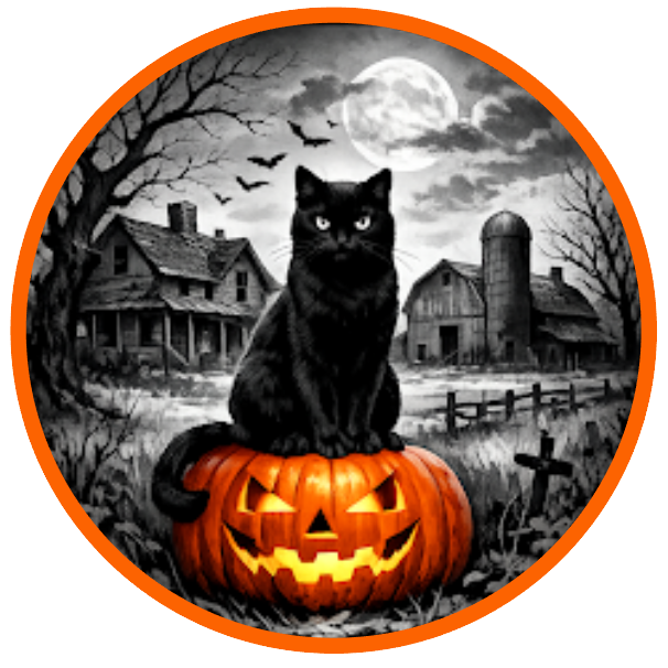 Metal wreath sign with Halloween themed elements, a black cat on a jack-o-lantern and a creepy farmhouse