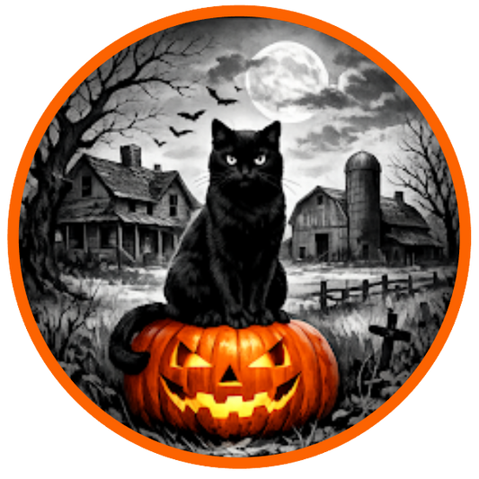 Metal wreath sign with Halloween themed elements, a black cat on a jack-o-lantern and a creepy farmhouse