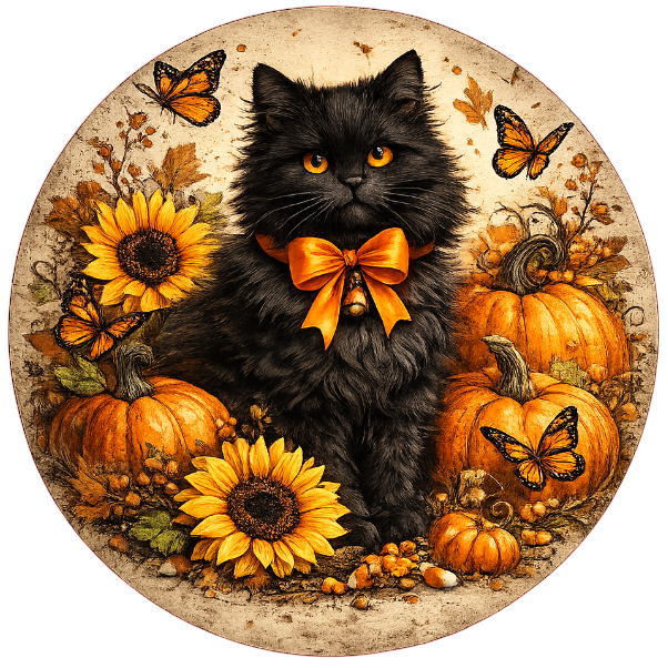 Round Halloween/ Autumn themed metal wreath sign with a black cat, pumpkins, and sunflowers by Monkey's Creations.