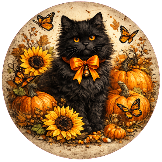 Round Halloween/ Autumn themed metal wreath sign with a black cat, pumpkins, and sunflowers by Monkey's Creations.