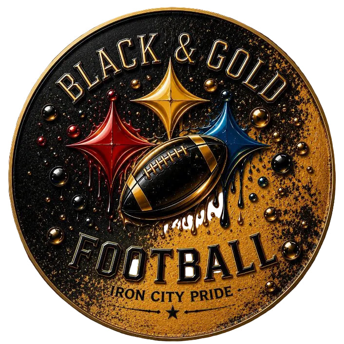 Round metal wreath sign by Monkey's Creations with "black and gold football - iron city pride" featuring a black and gold football with red, yellow and blue starbursts for sports lovers and football season. 