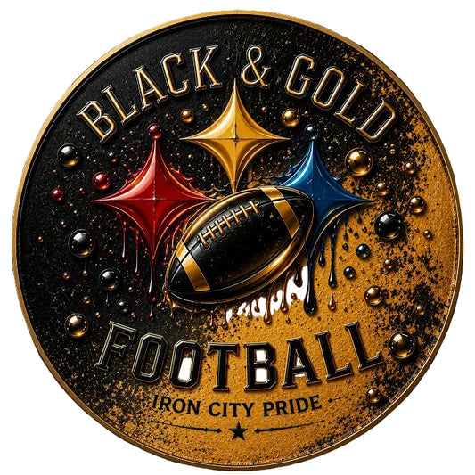 Round metal wreath sign by Monkey's Creations with "black and gold football - iron city pride" featuring a black and gold football with red, yellow and blue starbursts for sports lovers and football season. 