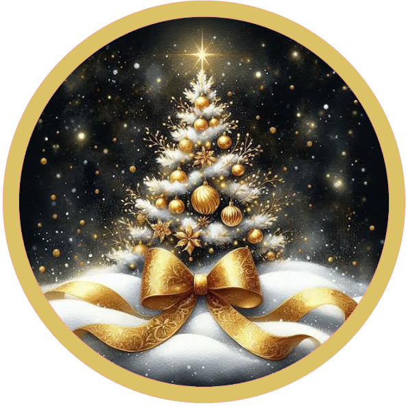 black and gold christmas tree on snow  with big gold bow