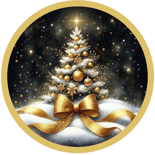 black and gold christmas tree on snow  with big gold bow