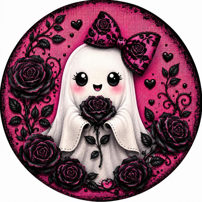 Round metal wreath sign featuring a white ghost wearing a bow surrounded by black roses on a pink background for Halloween by Monkey's Creations. 