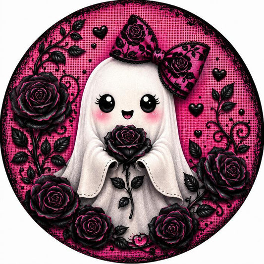 Round metal wreath sign featuring a white ghost wearing a bow surrounded by black roses on a pink background for Halloween by Monkey's Creations. 