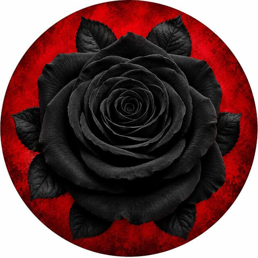 Round metal wreath sign featuring a detailed black rose and leaves on a red background by Monkey's Creations. 