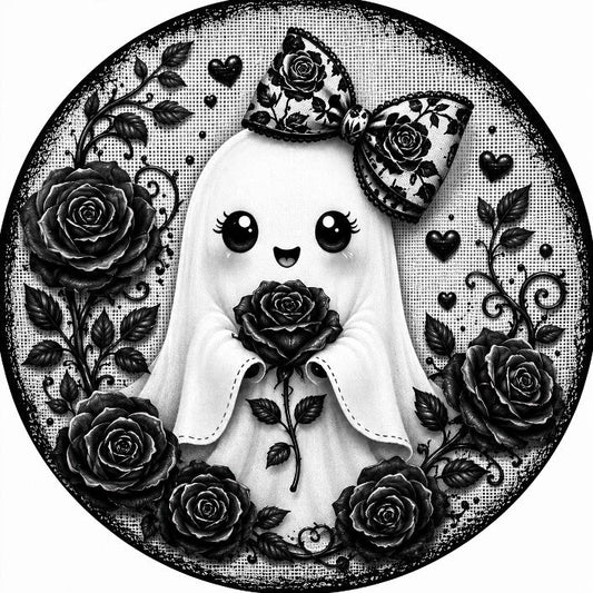 Round metal wreath sign featuring a white ghost wearing a bow surrounded by black roses on a white background for Halloween by Monkey's Creations. 