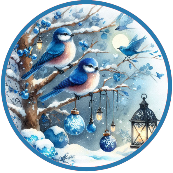 Winter scene with blue birds on a branch, decorated with ornaments and a lantern.