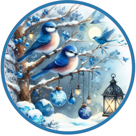 Winter scene with blue birds on a branch, decorated with ornaments and a lantern.