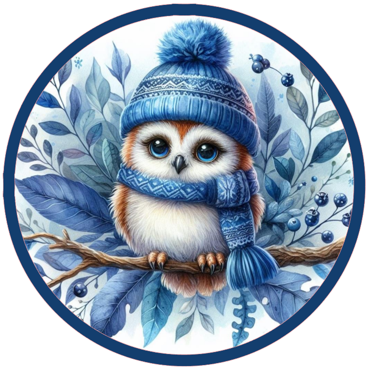 Round metal wreath sign of an owl wearing a blue winter hat and scarf on a branch with leaves and berries by Monkey's Creations.