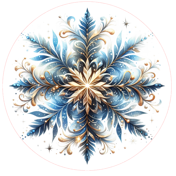 Decorative snowflake design with blue and gold colors on a white background