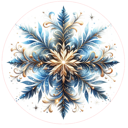 Decorative snowflake design with blue and gold colors on a white background