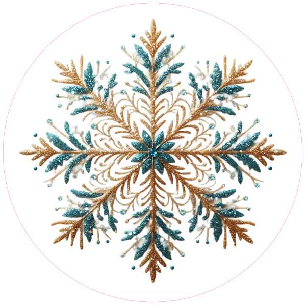 Blue and gold snowflake design on a white background