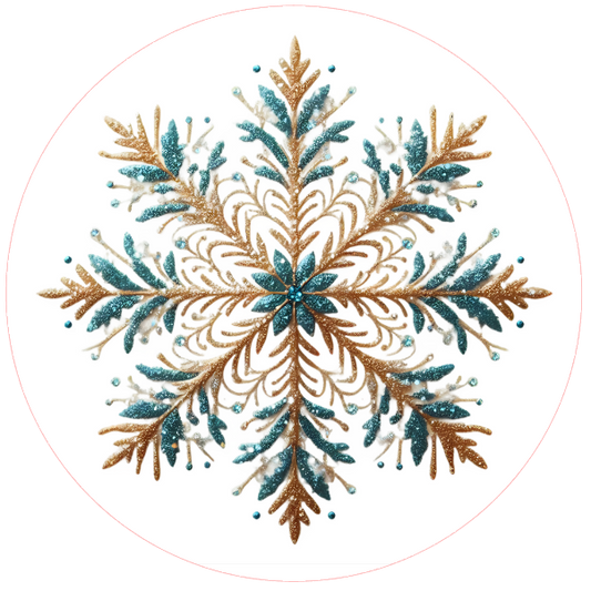 Blue and gold snowflake design on a white background