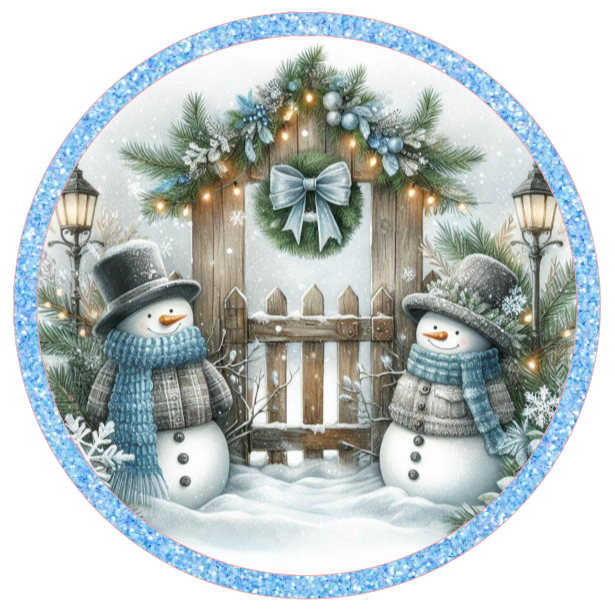 Round metal wreath sign with a blue themed snowman couple and winter elements by Monkey's Creations.