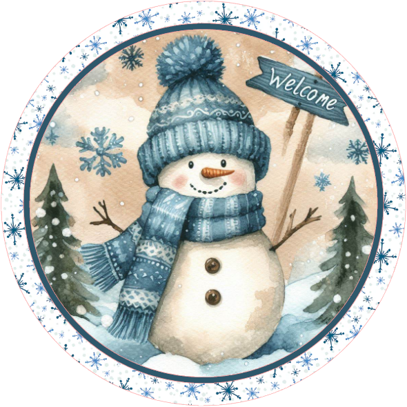 Snowman, trees, and snowflakes on a white background.